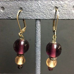 Double Dangle Pierced Earrings Purple Amber Bronze Latch Hook Transluscent Retro